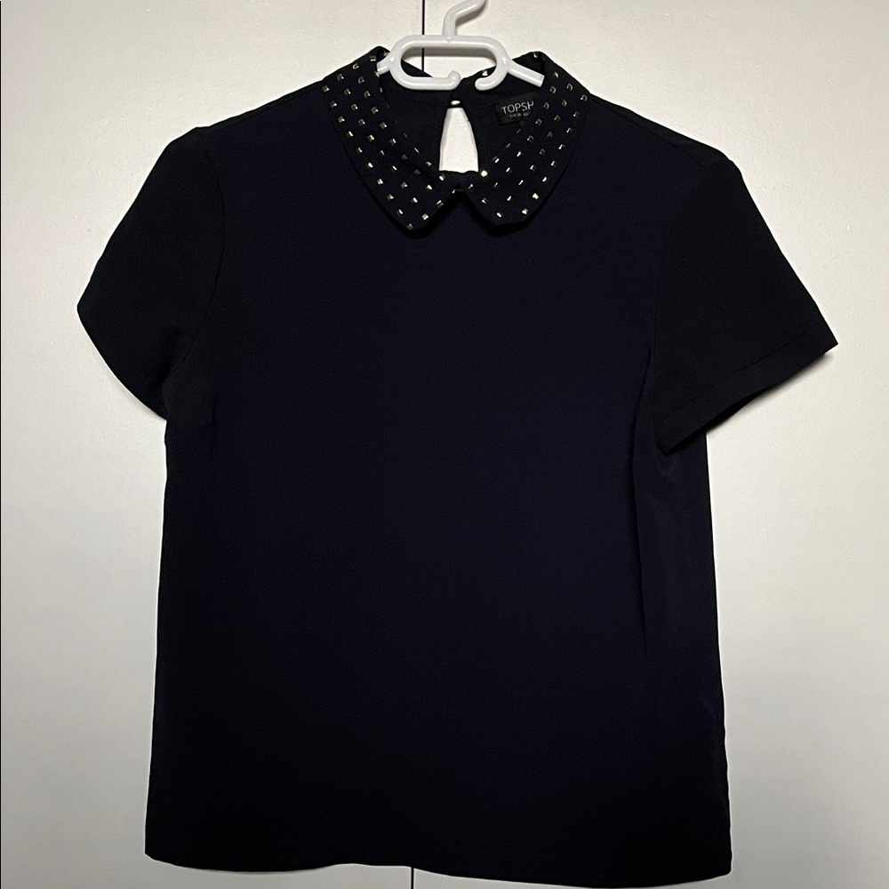 Topshop Navy Blouse with Studded Collar